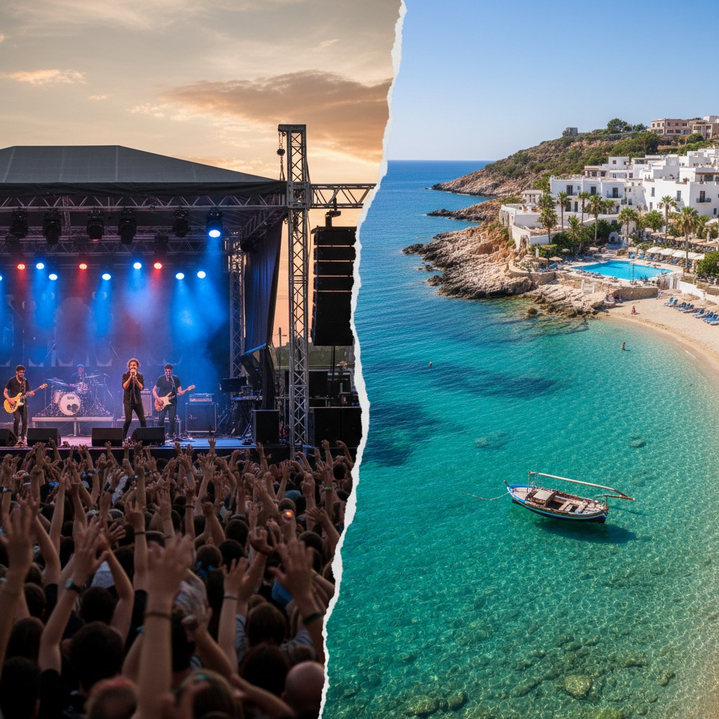 fai un collage tra un concerto e un villaggio turistico in sicilia, togli tutte le scritte
cambia la parte del pacchetto mare, usa un'immagine migliore